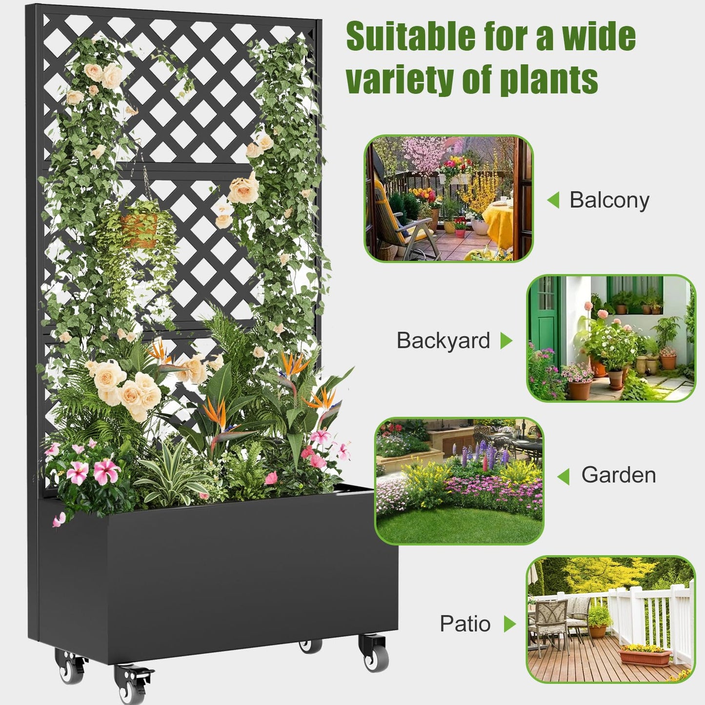 blusoke Metal Planter Box with Trellis and Wheels,Raised Garden Bed with Trellis,72" Tall Privacy Screen with Planter Box and Drainage Holes,Plant Trellis for Climbing Plants Outdoor,Vegetables,Vines