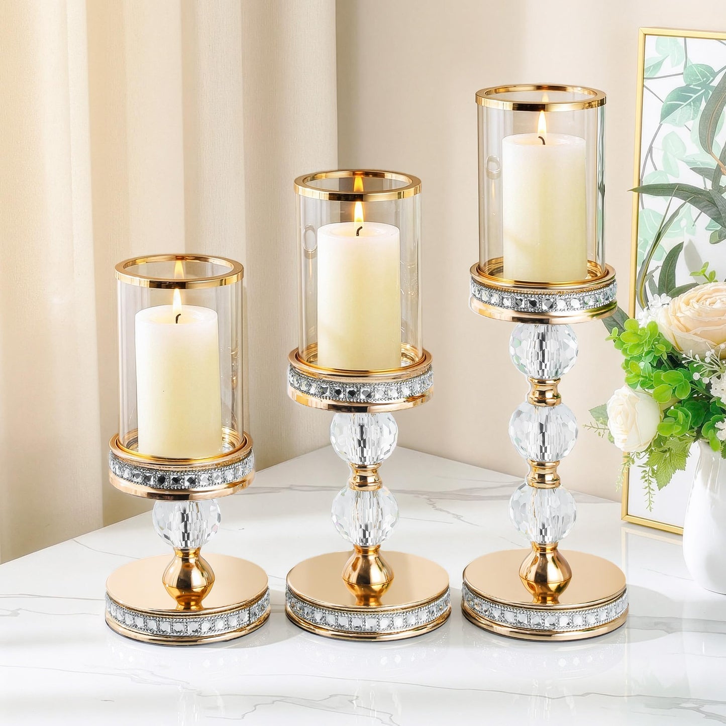 12.4" Tall Hurricane Candle Holder, Pillar Candle Holders with Glass Sleeve with Gift Box, Crystal Candle Stands for Home Warming, Weddiing, Dining Room Decor, Table Centerpiece (2, Gold, M)