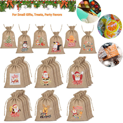 Christmas Small Burlap Bags with Drawstring, Burlap Gift Bags Christmas Linen Treat Sacks Gift Wrapping Bags Xmas Holiday Party Favors Bags(7x5 inch, 24 Pcs)