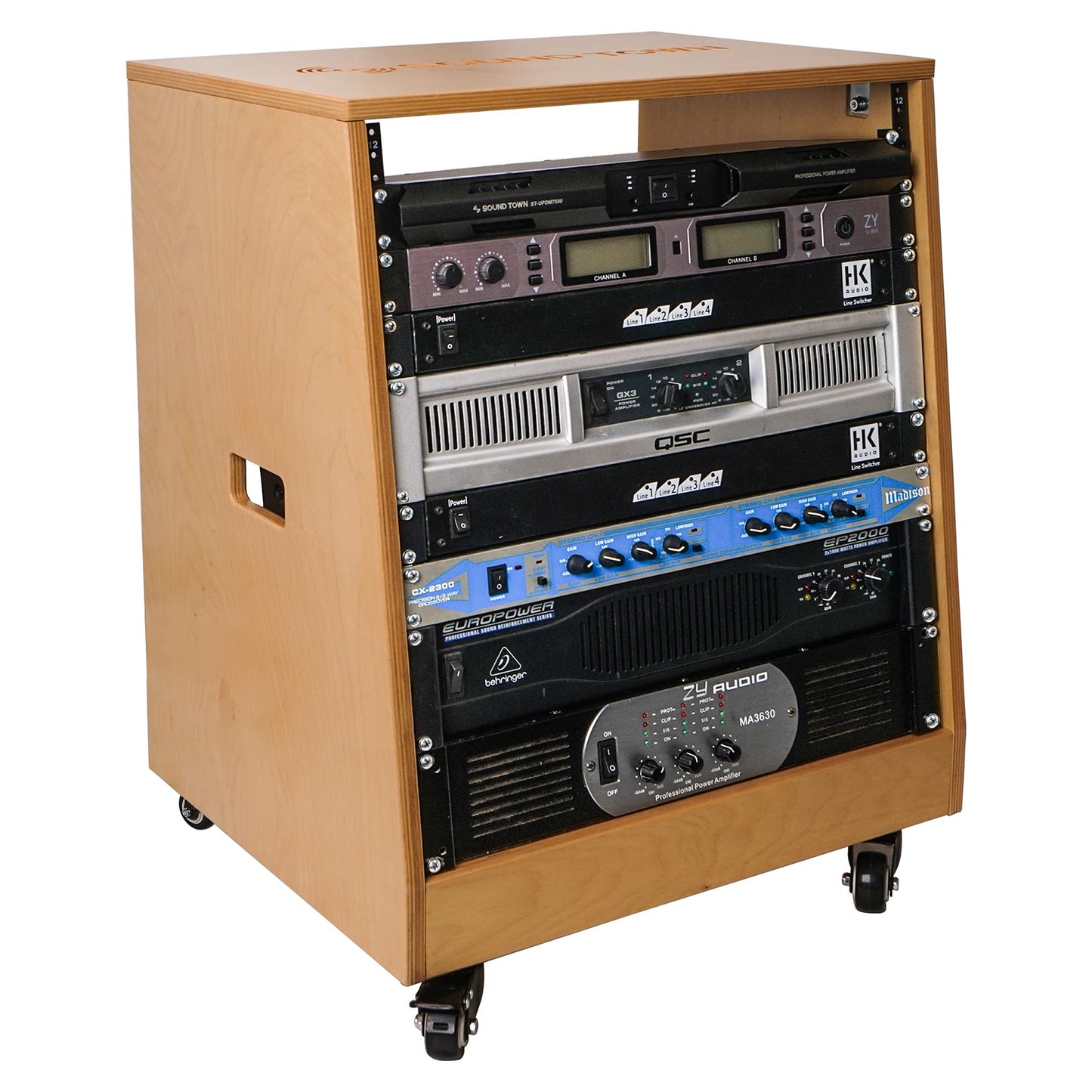 Sound Town DIY Solid Baltic Birch Plywood Slanted 12U Studio Rack, Golden Oak, Rubber Feet, Casters (SDRK-12T)