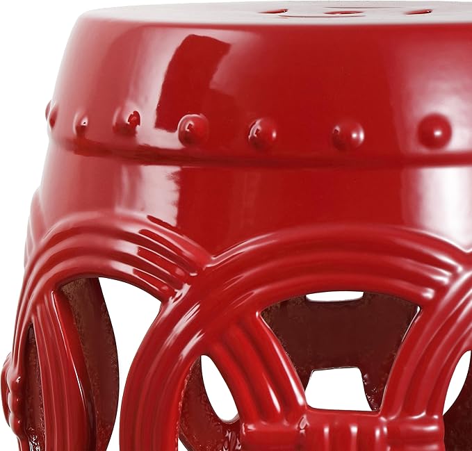 JONATHAN Y TBL1022C Lucky Coins 16" Chinese Ceramic Drum Indoor/Outdoor Garden Stool Bohemian, Coastal, Cottage, French Country, Traditional, for Living Room, Garden Room, Patio, Matte Red