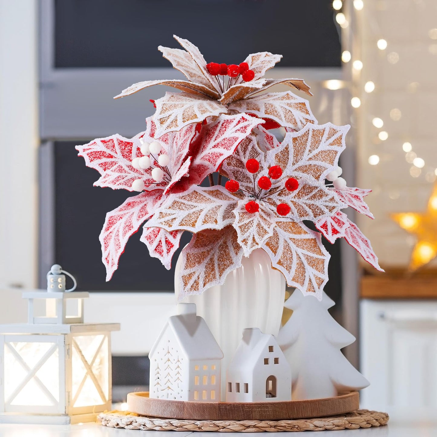 Daifunli 6 Pcs Large Christmas Gingerbread Poinsettia Flowers Tree Picks with Berries 10.6 Inches Christmas Tree Ornaments for Xmas Home Vase Decor(Gold and Red)