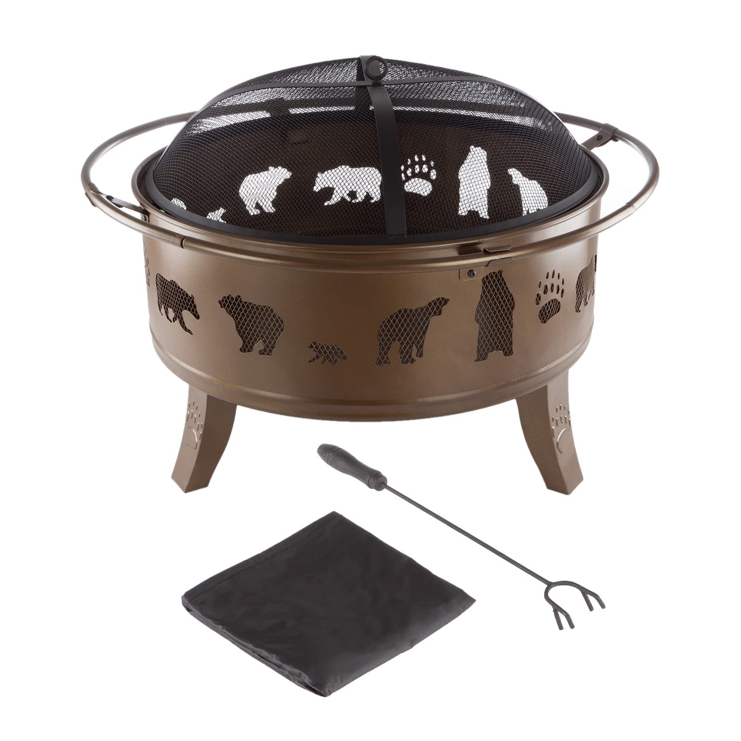 Pure Garden 50-LG1202 32” Outdoor Deep Fire Pit-Round Large Steel Bowl with Bear Cutouts, Mesh Spark Screen, Log Poker & Storage Cover-Patio Wood Burning, Antique Gold