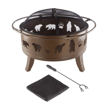 Pure Garden 50-LG1202 32” Outdoor Deep Fire Pit-Round Large Steel Bowl with Bear Cutouts, Mesh Spark Screen, Log Poker & Storage Cover-Patio Wood Burning, Antique Gold