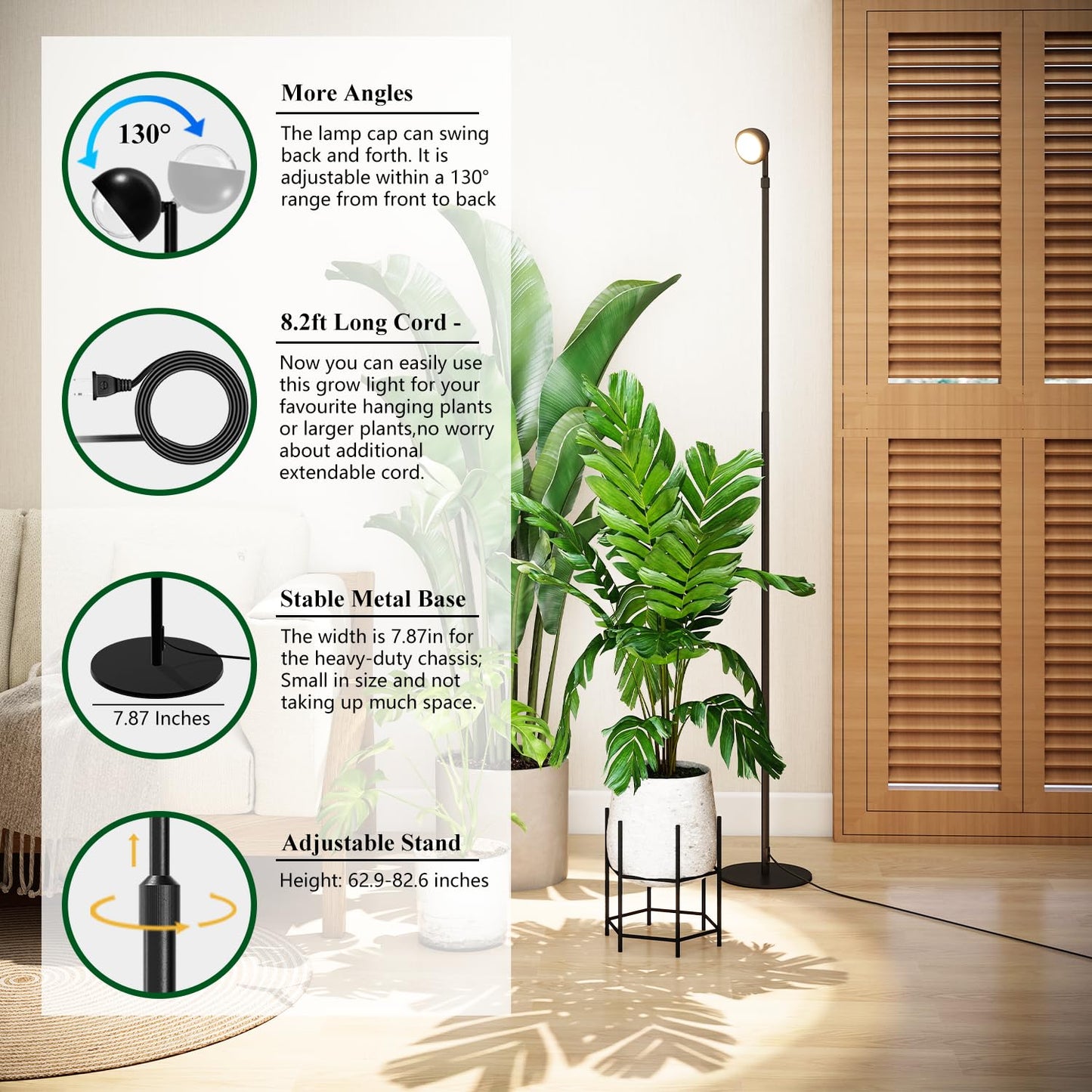 LYCereal Standing Grow Light with Timer 4/8/12H, 20W Full Spectrum Vertical Grow Lights for Indoor Plant Growing, Wide Coverage, 5.24FT to 6.88FT Height Adjustable, Ideal for Large Tall Plants