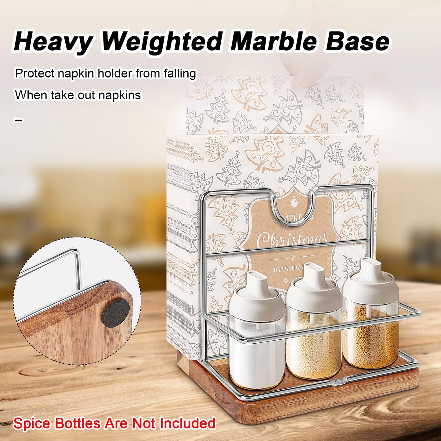 Livabber Napkin Holder, Metal Napkin Storage with Salt and Pepper Shakers Caddy Modern Napkin Dispenser for Table Kitchen Countertop, Not Including Salt and Pepper Shakers (Middle Wooden, Chrome)
