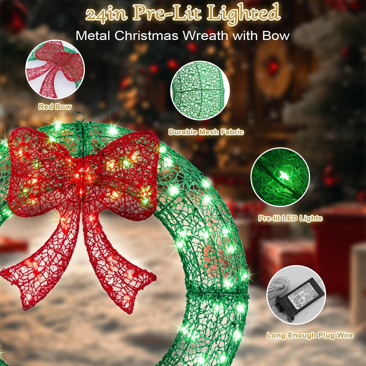 24" Pre-Lit Outdoor Christmas Wreath with 140 LED Lights and Bow, Lighted Metal Christmas Wreath Decoration with Timer Function for Xmas Home Wall Front Door Window Garage (White/Red, 24in)