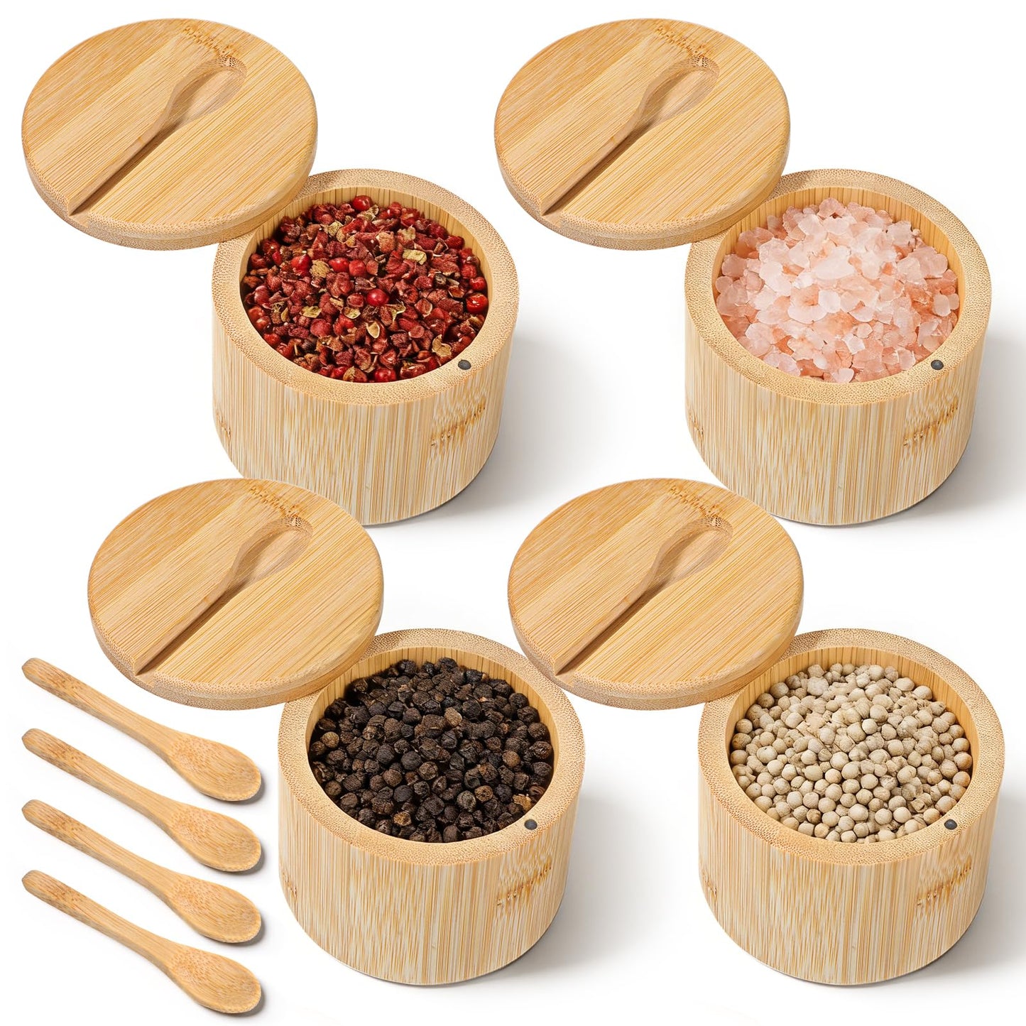 KongTiva 4 Pcs Bamboo Salt Cellar with Built-in Spoon and Magnetic Swivel Lid, Bamboo Salt and Pepper Containers, Seasoning Storage Holder Box for Salt, Pepper, Sugar, Spice, 6 oz