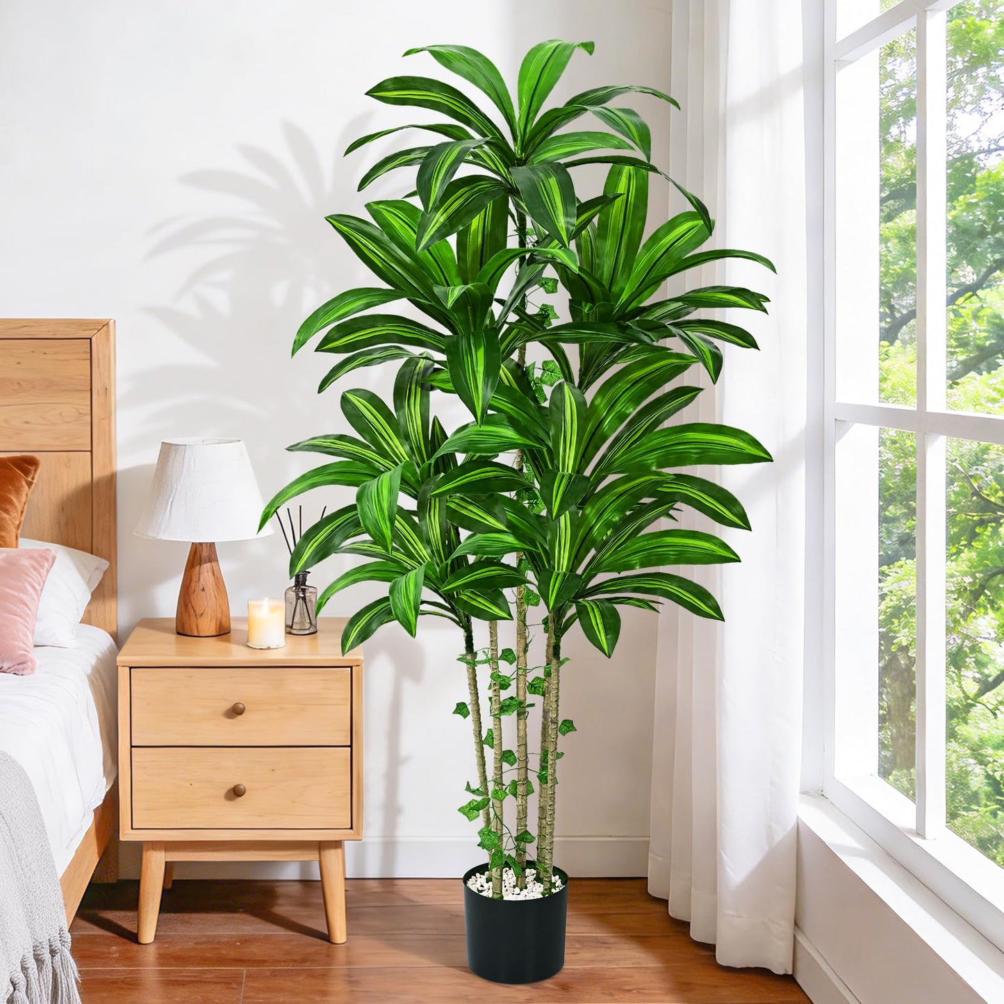 Dolicer 5FT Tall Look Real Artificial Dracaena Tree Indoor with Black Planter, Realistic Artificial Fake Faux Indoor Plants with Natural Trunk and Lifelike Leaves for Home Office Living Room