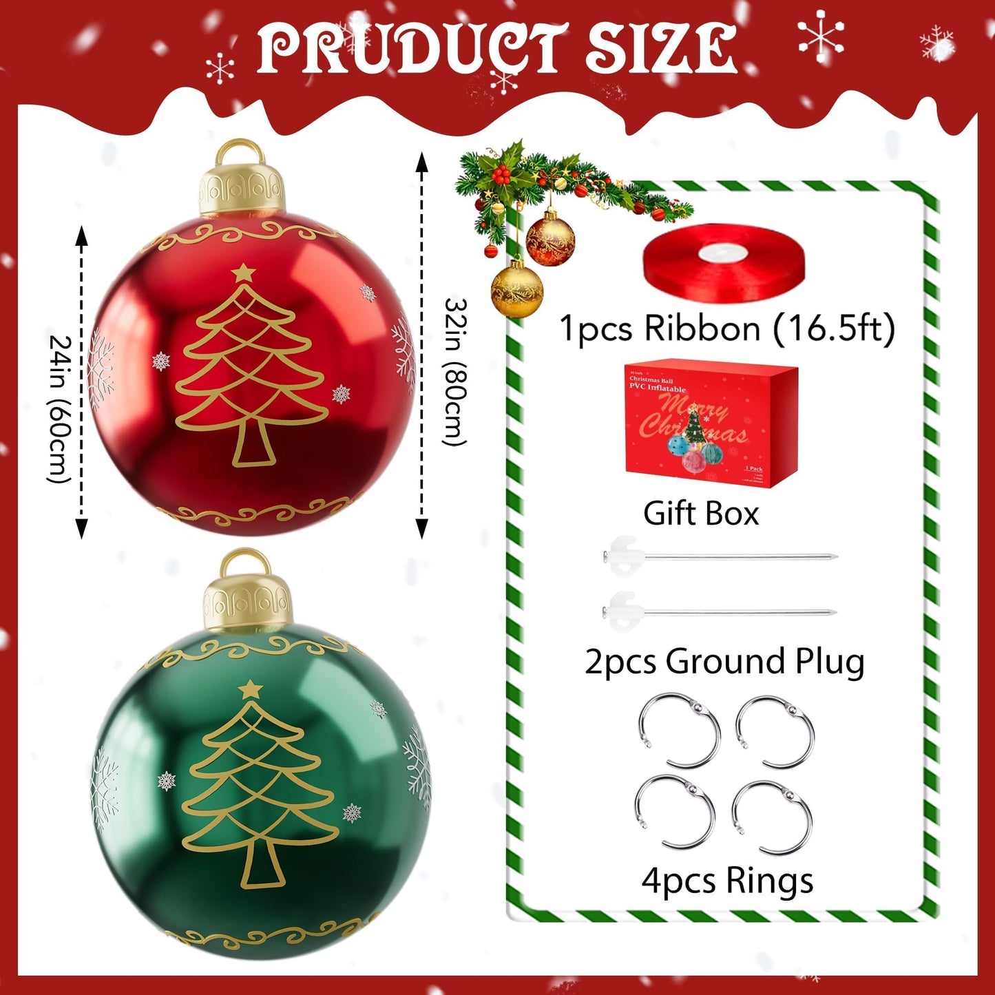2PCS 24 Inch Inflatable Christmas Ornaments Balls, PVC Giant Blow up Christmas Ornaments, Blow up Jumbo Xmas Balls Outdoor Jumbo Ornament for Outside Holiday Yard Lawn Decor(Red Green Tree)
