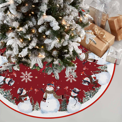 EKOREST Snowman Christmas Tree Skirt 48 Inches, Red Backgrond Snowflake Pencil Tree Skirt, Winter Xmas Tree Mat Decorations for Home Party Holiday Decorations