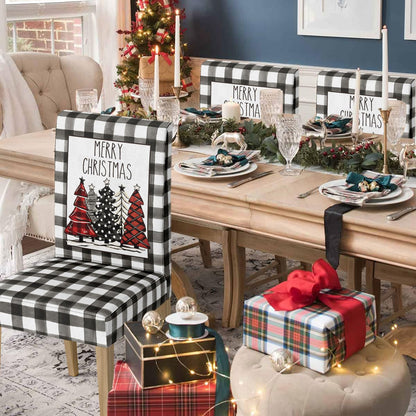 Horaldaily 4PCS Christmas Dining Chair Covers, Black Buffalo Plaid Trees Stretch Removable Washable Slipcover Chair Protector for Dining Room Home Decor