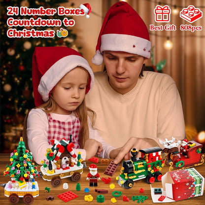 Advent Calendar 2025 Christmas Train Building Blocks Set, 24 Boxs Surprise Christmas Countdown Toy Building Kits With LED Light,Thanksgiving Xmas Gifts for Kids Adults