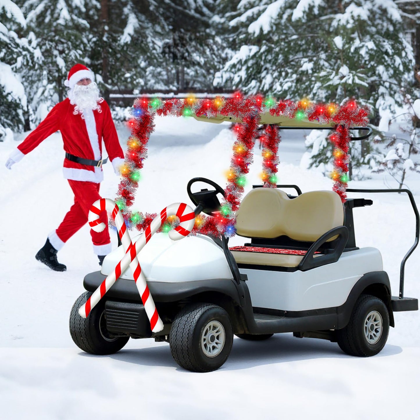Suncalla 6 Pcs Christmas Golf Cart Decorations Kit Christmas Parade Golf Cart Decor Include Red White Seat Cover Tinsel Garland Candy Canes Balloons and String Lights for Holiday Decoration