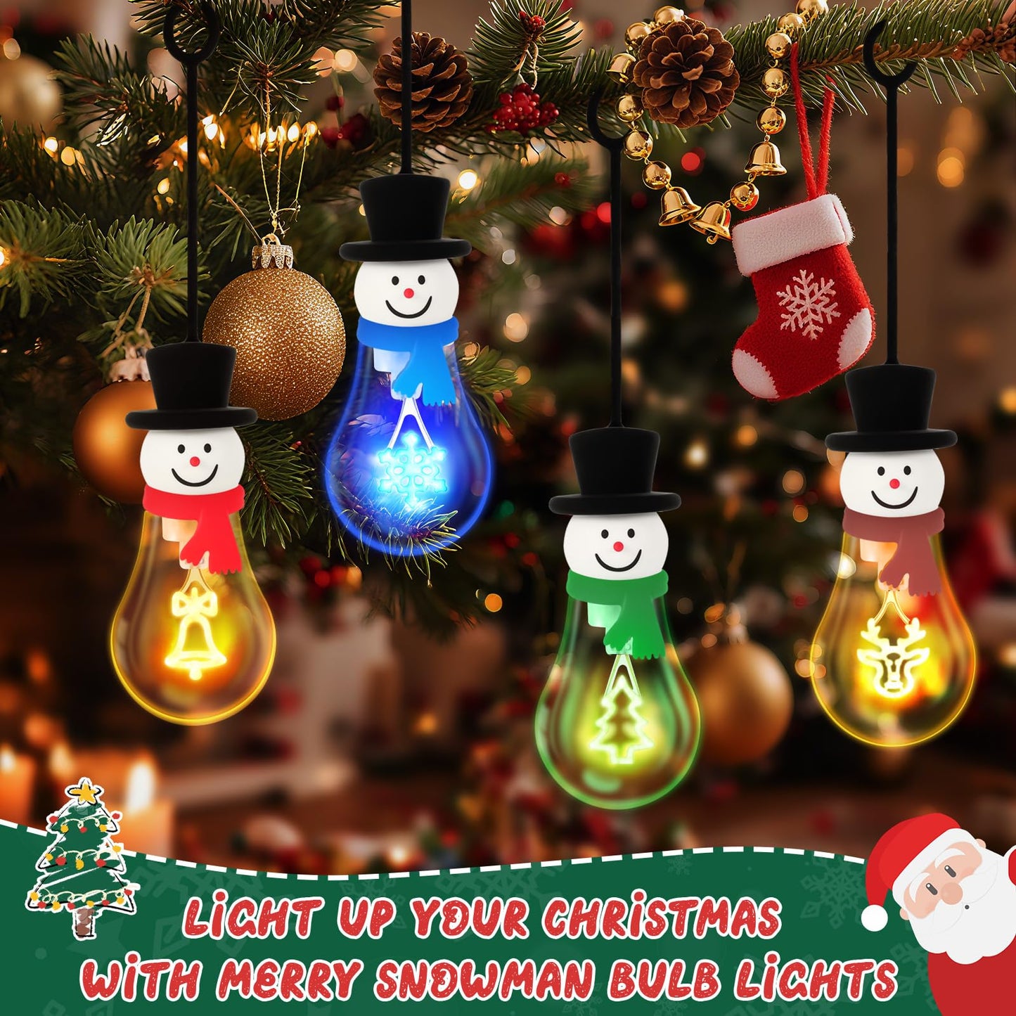 Christmas Bulb Light Hanging Christmas Night Light Edison Style Bulb USB Powered 8Hrs Play Fun Decorative for Indoor Outdoor Home Party Holiday Gift（Blue+Green+Red+Coffee Brown）