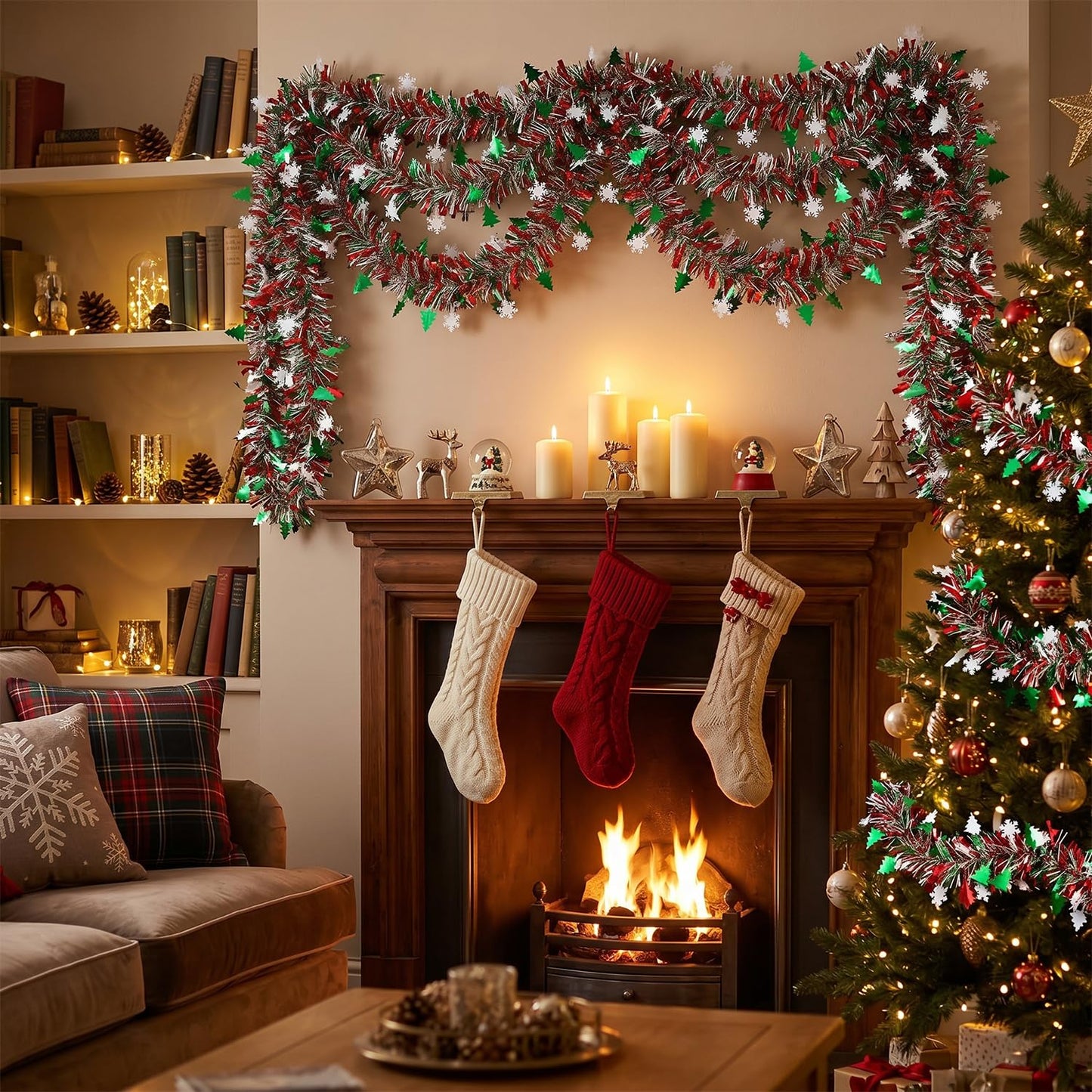 50 Feet Green Red Christmas Metallic Tinsel Twist Hanging Garland with Snowflake Xmas Tree for Home Mantle Xmas Tree Staircase Railing New Year Holiday Party Indoor Outdoor Decorations