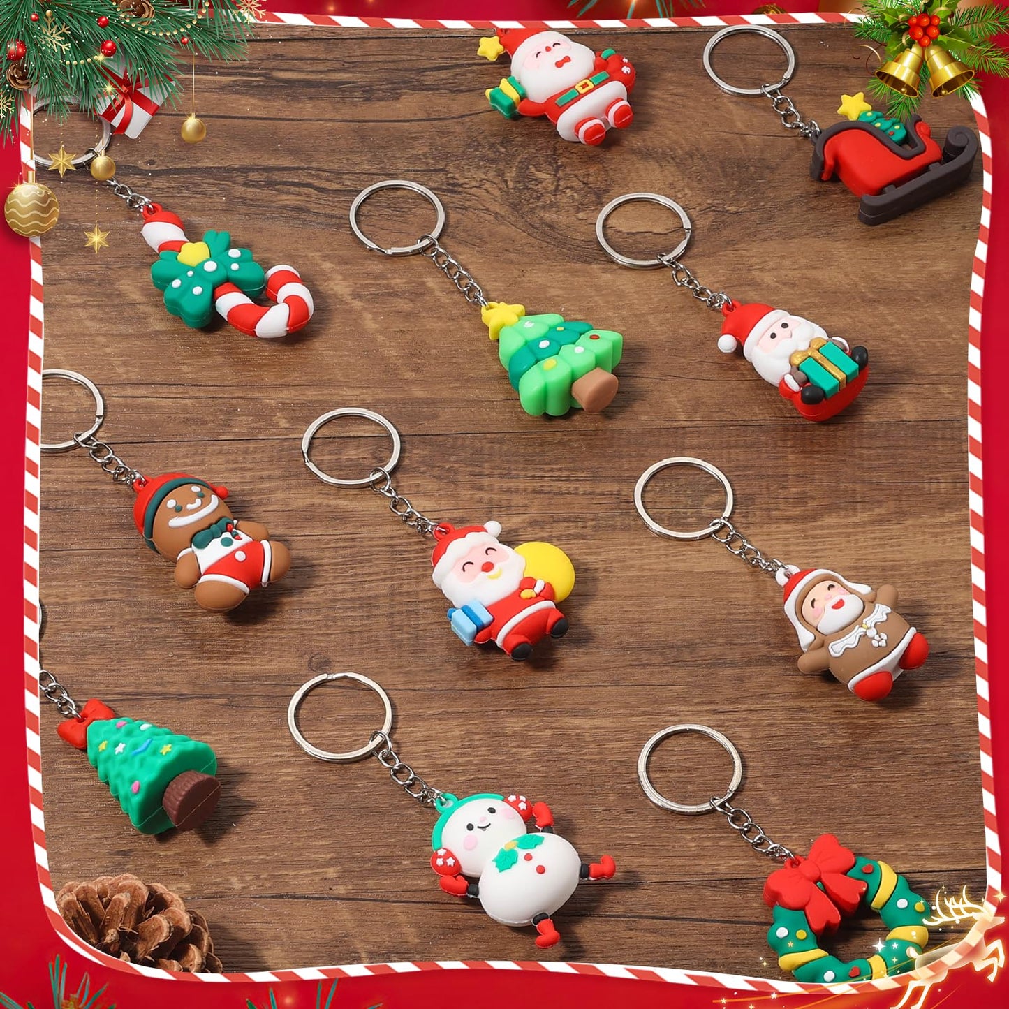 42 Pcs Christmas Keychains Bulk, 3D Santa Claus Snowman Xmas Tree Reindeer Hanging Ornaments with Key Rings for Christmas Party Favors, Adults Christmas Giveaways