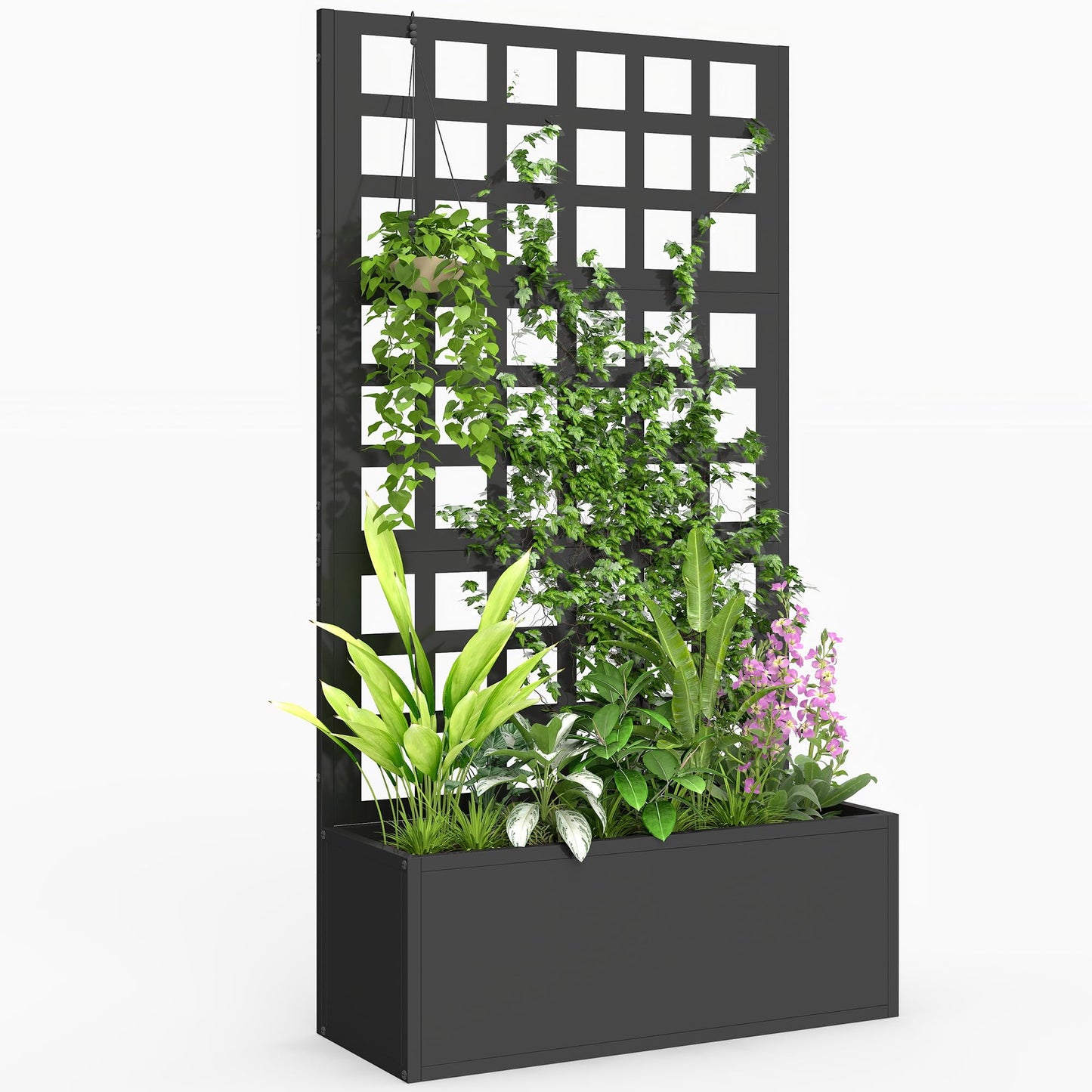 Outsunny Galvanized Raised Garden Bed with Trellis, Metal Planter Box with Drainage Holes, Outdoor Privacy Screen for Climbing Plants, Vegetable, Vines, 24" x 9" x 44.5", Black