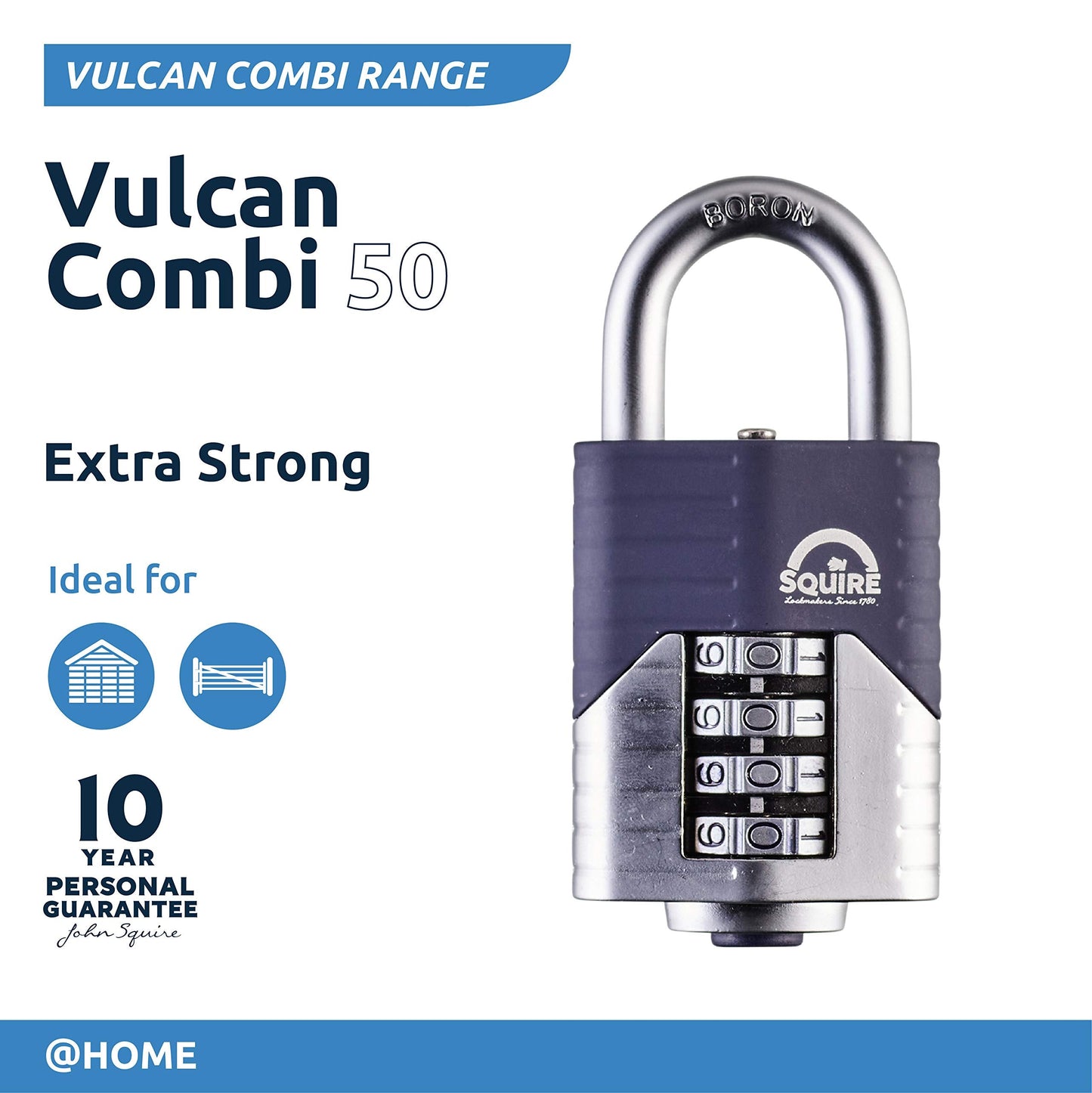 Squire Heavy Duty Padlock (Vulcan Combi 50) - Toughest Open Shackle - 4 Wheel Vulcan Padlock - Steel Cast Alloy for Corrosion Resistance - Weatherproof Lock for Home, School & Shed (Blue, 2")