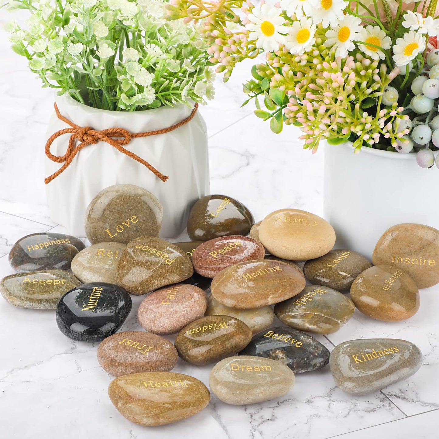 CHENGU 100 Pcs Engraved Rocks with Inspirational Words Inspirational Stones Bulk Positive Words Encouragement Stones for Gifts Office Home Decor