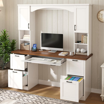 Merax Farmhouse Arched 67" Computer Desk with Power Outlets & Keyboard Tray, Wood Executive Home Office Desk with Hutch, Writing Desk with Storage Drawers for Working Study, White