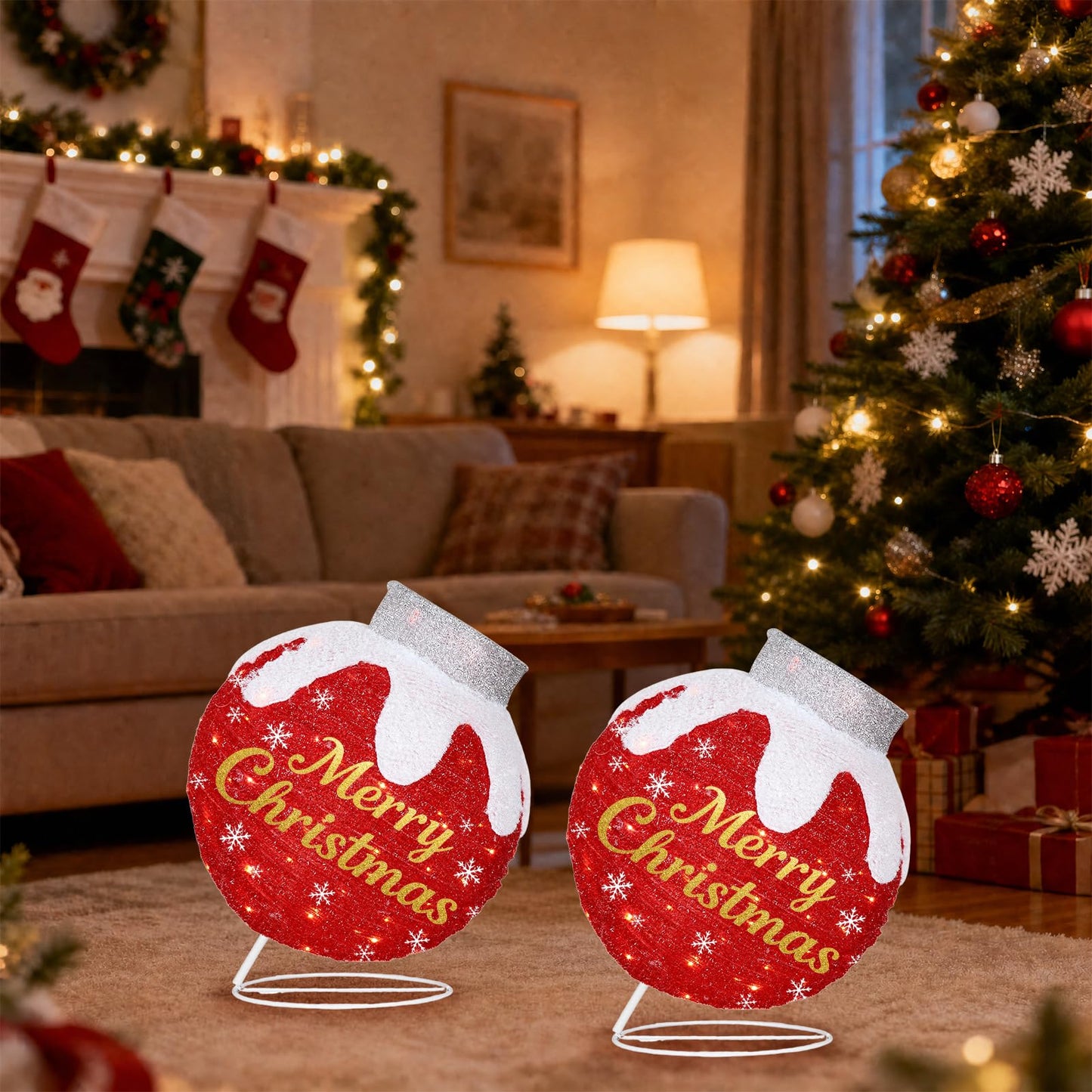 Outdoor Christmas Ball Ornaments, Collapsible Pop-Up Lighted Christmas Decorations with 80 Bright LED Lights, 8 Light Modes, Weatherproof Pre Lit Large Holiday Ball Decor for Yard, Lawn, Home（Red）