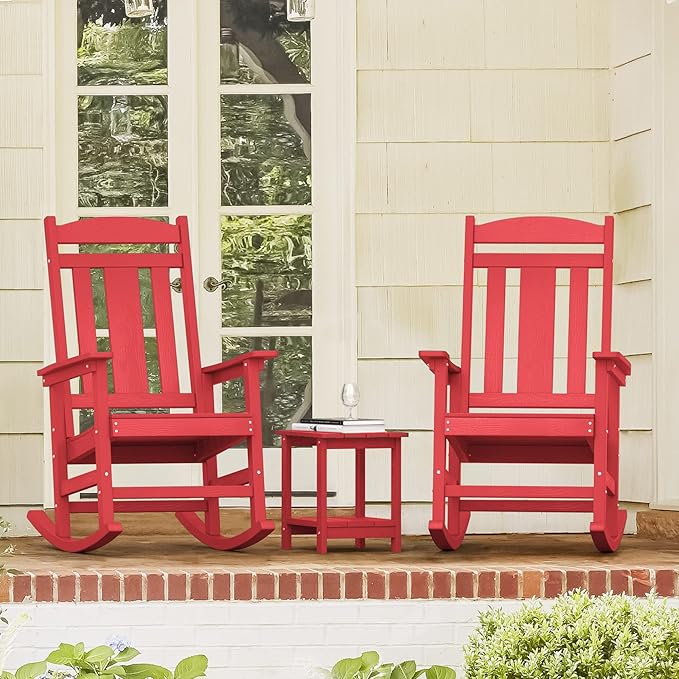 LUE BONA Outdoor Rocking Chairs Set of 4, HDPS Porch Rocker with High Back, Plastic Weather Resistant Rocking Chairs for Outdoor Indoor, Garden, Backyard, 350lb, Bright Red