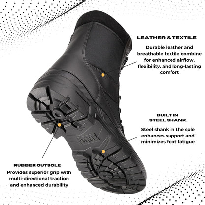 Savage Island Leather Side Zip & Lace Up Army Tactical Combat Boots Black for Work, Security, Motorcycle, Cadet