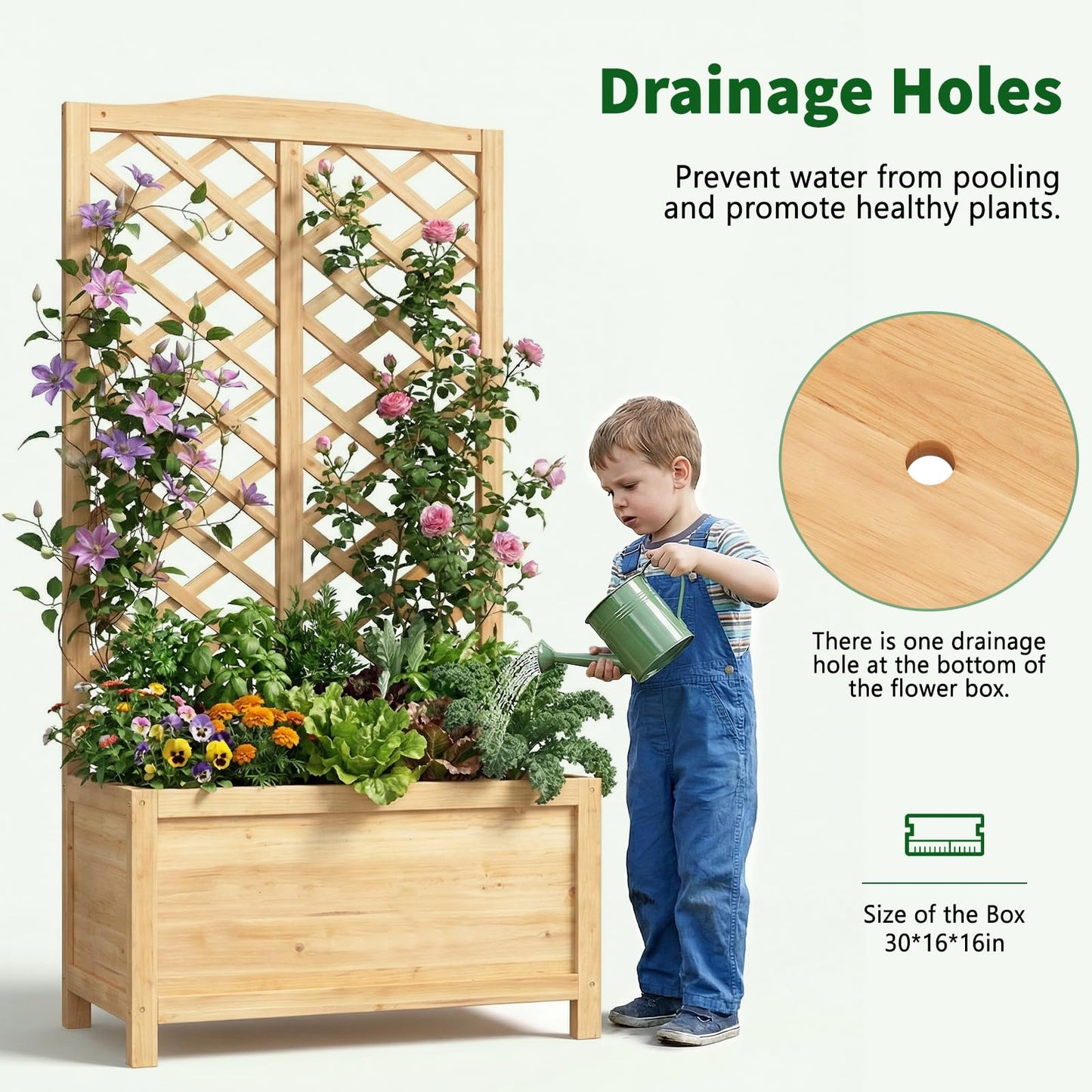 UrGROWA Wooden Raised Garden Bed with Trellis, Freestanding Planter Box with Drainage for Vines Climbing Plants Flowers Herbs, Elevated Gardening Planter for Backyard Balcony Patio