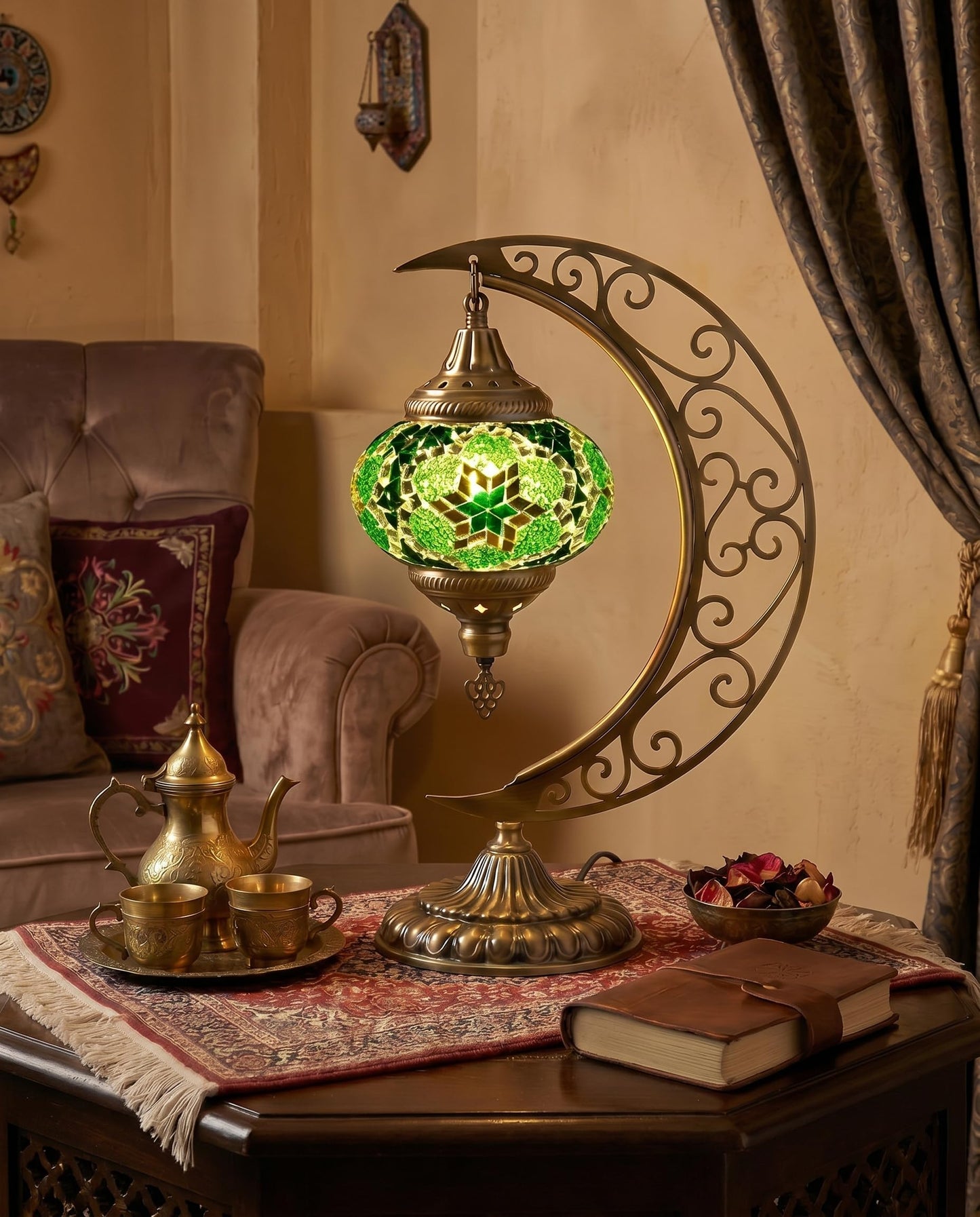 Baquler Turkish Mosaic Moon Lamp - Handmade Stained Glass Table Lamp with Metal Crescent Base, Bohemian Moroccan Bedside Night Light for Bedroom Living Room Decor, Unique Gift(Green)