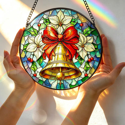 Stained Glass Window Hanging, 7.8 Inch Christmas Bell Suncatcher, Sun Catchers for Window Ornament, Festive Holiday Window Decor, Gifts for Christmas, New Year, Thanksgiving, Housewarming