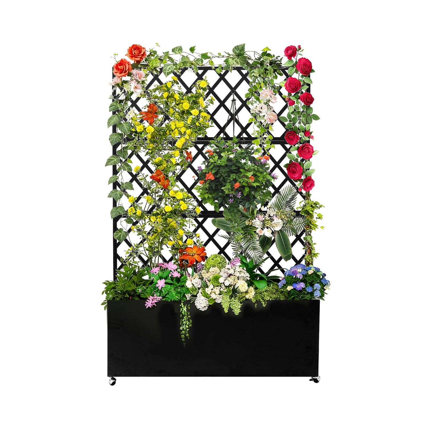 Garvee Galvanized Raised Garden Bed with Trellis, 71"X35.04"X16" Planter Box with Lockable Wheels, Drainage Holes & Privacy Screen for Vegetables, Vines on Patio, Deck, Yard, Black