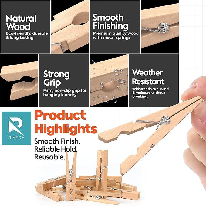 RIVEDA 50pcs Wooden Clothes Pins