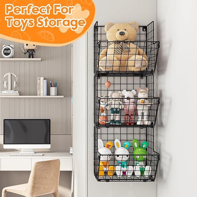 X-cosrack Metal Wire Basket Wall Mount, 3 Tier Wall Storage Organizer