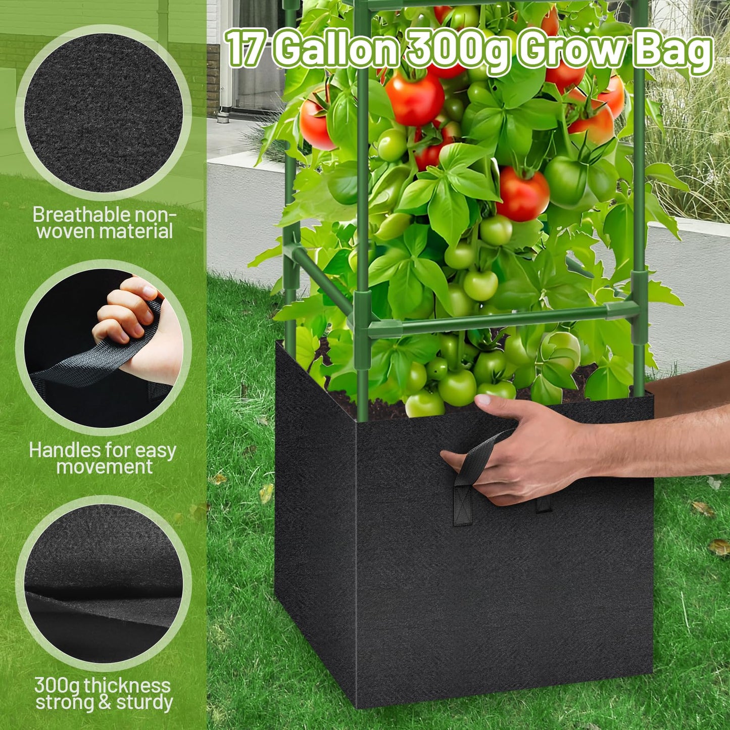 Legigo 2 Pack Tomato Cages with 17 Gallon Grow Bags- 47 Inch Square Tomato Cages for Garden, Heavy-Duty Tomato Stakes Plant Support Cages Trellis for Garden Vertical Climbing Plants Vegetables