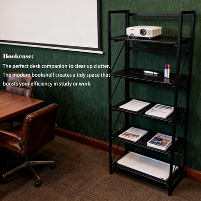 Kogven Folding Bookshelf, 2-in-1 Convertible Design, Multifunctional Plant Stand Storage Rack Shelves for Home Office, Easy Assembly, 5-Tier, Black