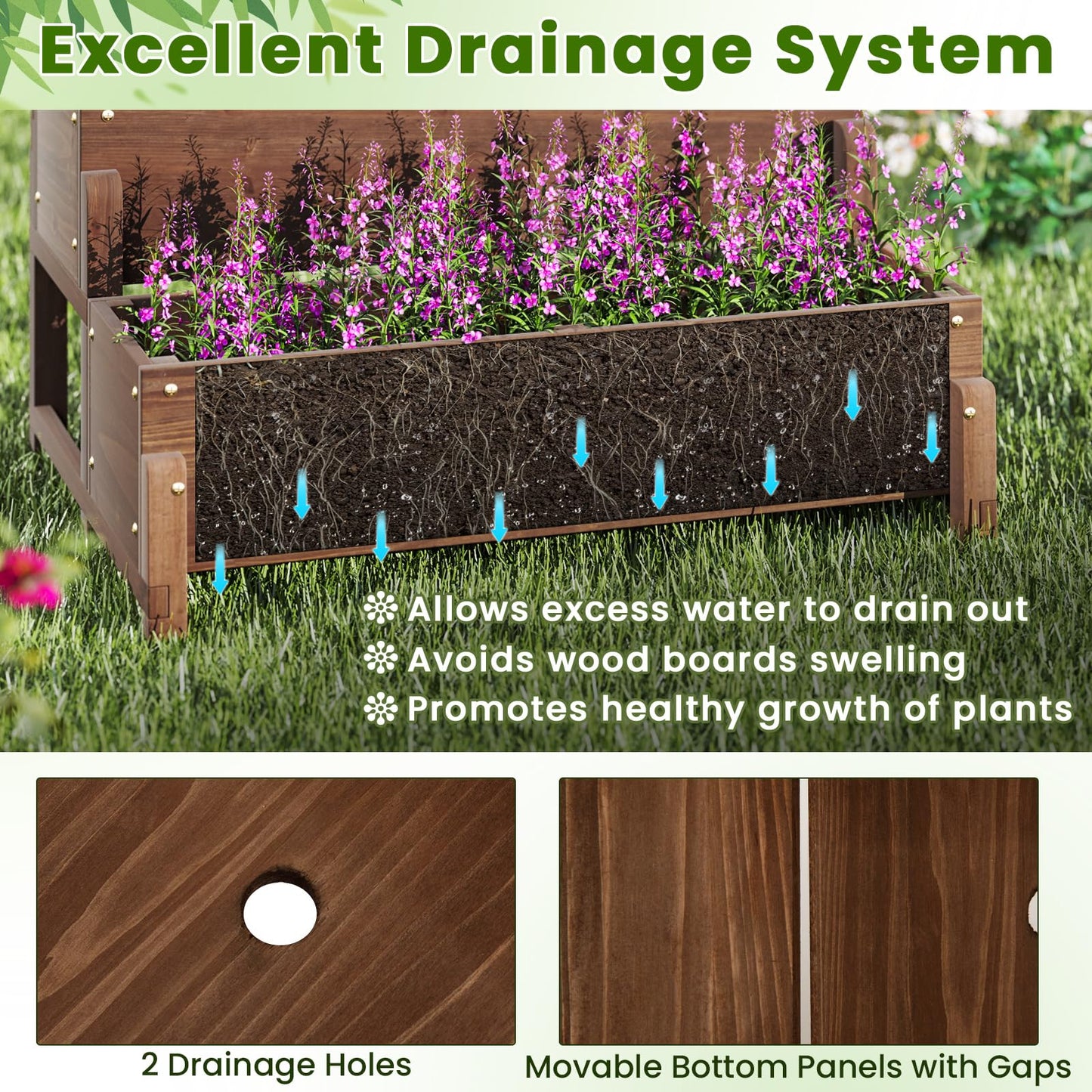 Giantex Raised Garden Bed with Legs and Trellis, 2-Tier Standing Planter Box with Drain Holes, Outdoor Elevated Garden Trellis for Vine Climbing, Flower Vegetable Fruit Herb Growing, Rustic Brown