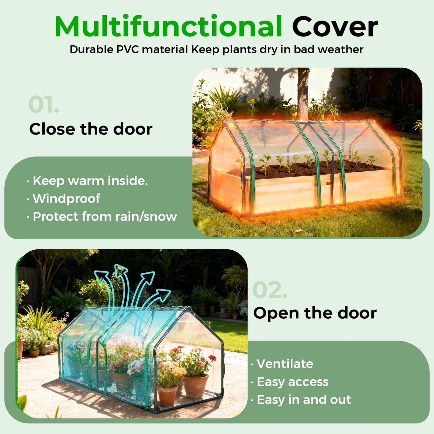 ZSYWODFO 4x2ft Raised Garden Bed with Greenhouse Cover,Wooden Planter Box with Clear PVC Cover & Dual Roll-Up Windows,Outdoor Elevated Garden Box for Vegetables/Herbs/Flowers,Patio,Balcony,Backyard