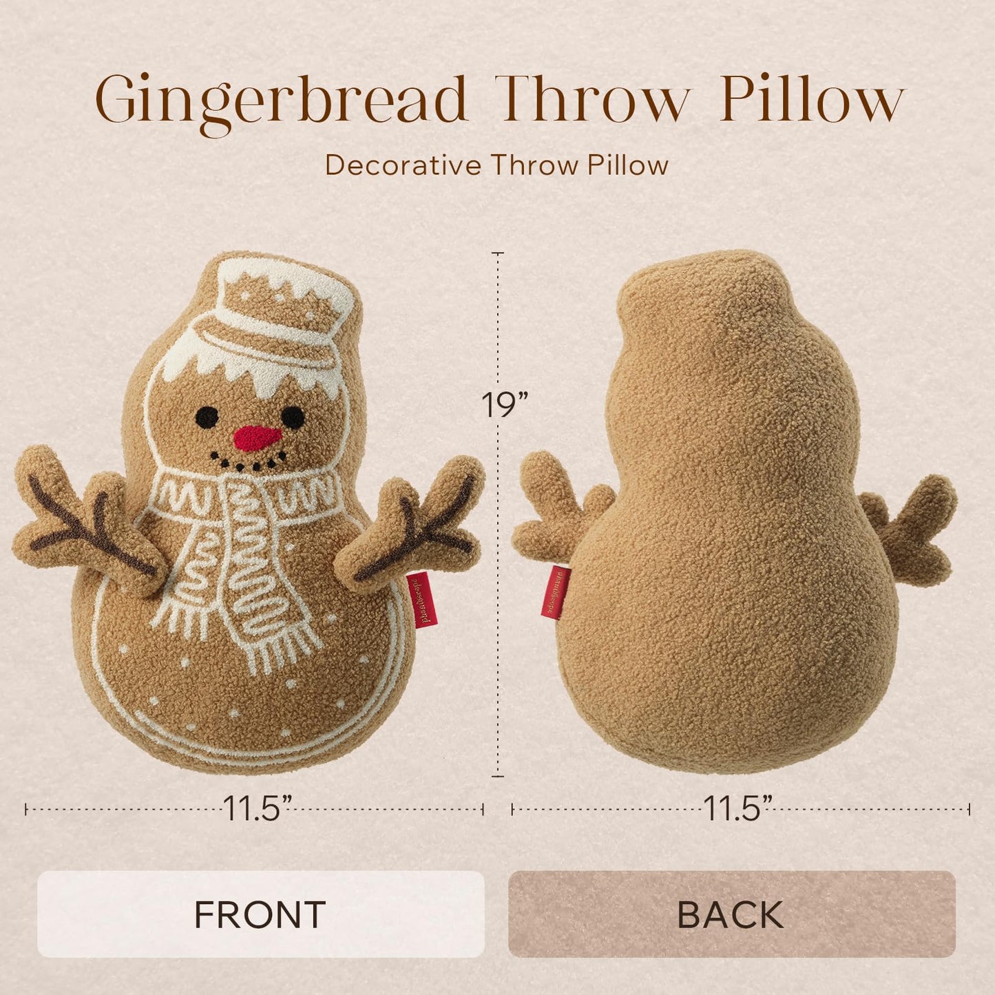 Phantoscope Gingerbread Merry Christmas Throw Pillow, Plush Teddy Xmas Gingerbread Snowman Shaped Pillows with DIY Branch Arms, Christmas Decorative Pillow for Couch, Beige, 19x11.5 inches