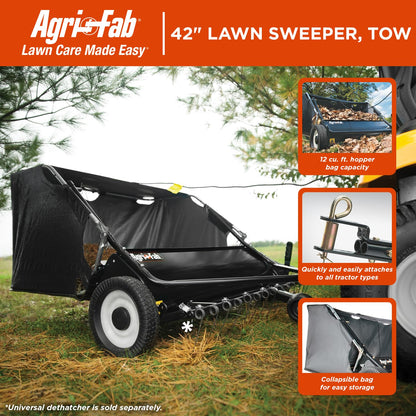 Agri-Fab 42 In Tow-Behind Lawn Sweeper with 12 Cu Ft Hopper Bag, Adjustable Brush Height and Easy Dump Rope