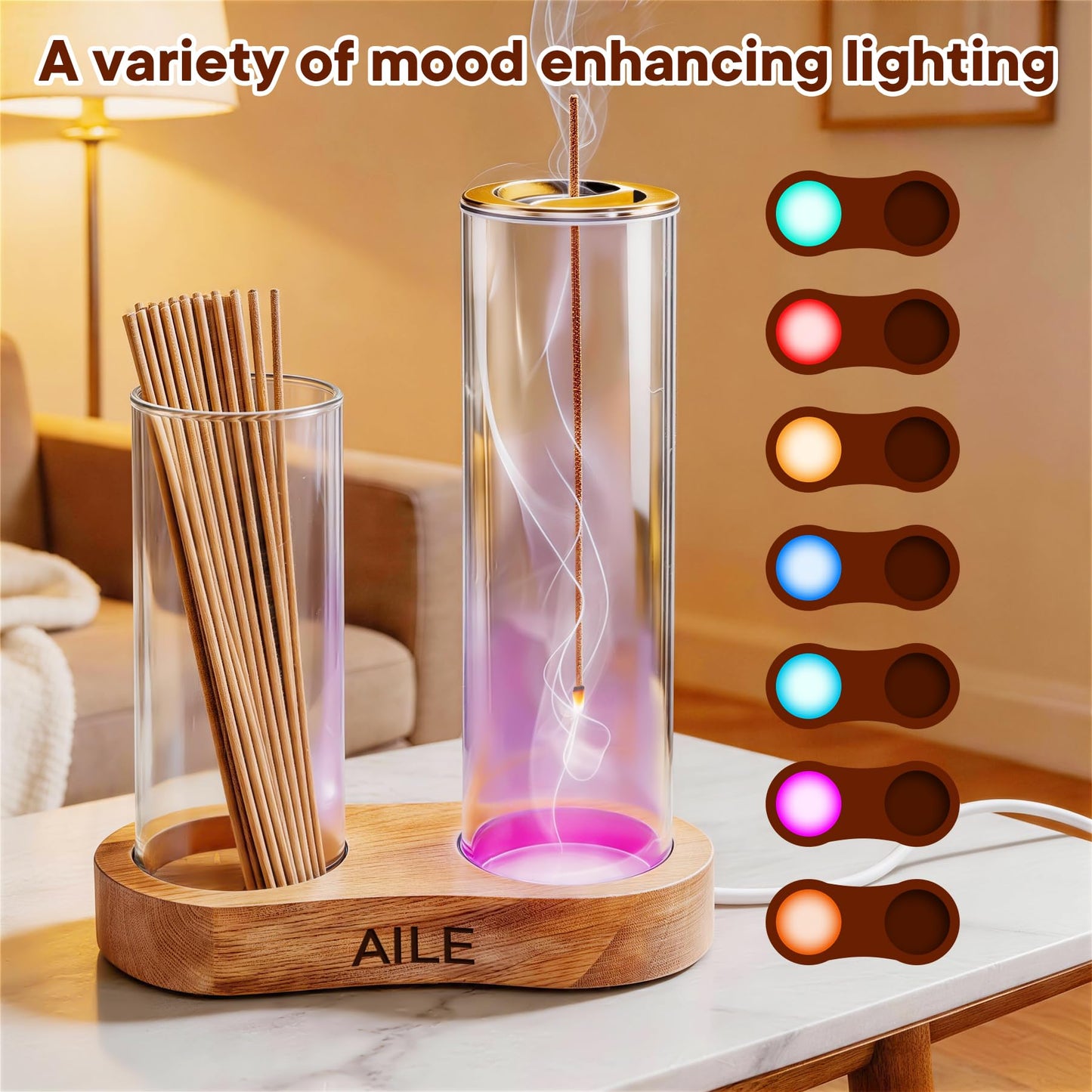 2 in 1 Incense Holder for Sticks, Glass LED Glowing Incense Burner Holder with Ash Catcher & Incense Sticks Organizer for Meditation Yoga Spa Home Decor