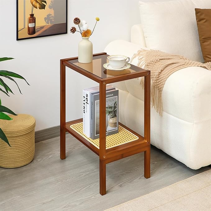 2-Tier Bamboo Side Table, Modern Glasstop Rattan Side Table, Mid Century Wood