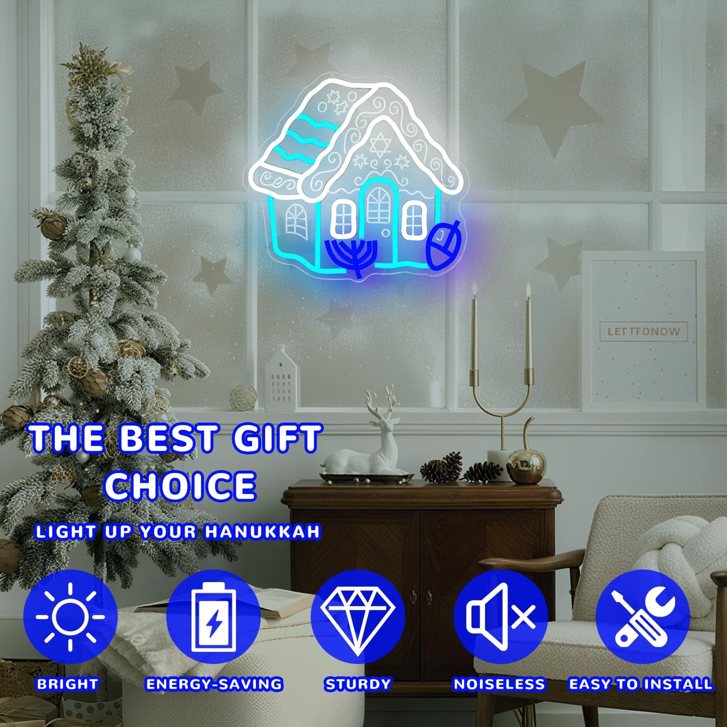hhuohuona Hanukkah Neon Sign Hanukkah Gingerbread House Light Up Sign Dimmable Chanukah Decorations Jewish Gifts Star of David & Dreidel & Menorah Led Signs for Wall