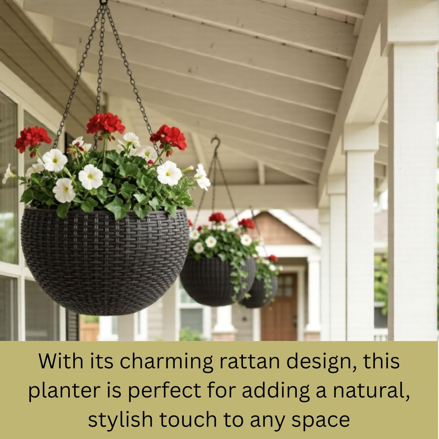 LaLaGreen Hanging Planters for Indoor Plants (11 Inch, 4 Pack) Self-Watering Round Rattan Style Flower Pots with Water Level Indicator, Black Metal Chain Hanging Baskets for Porch Garden Balcony Decor