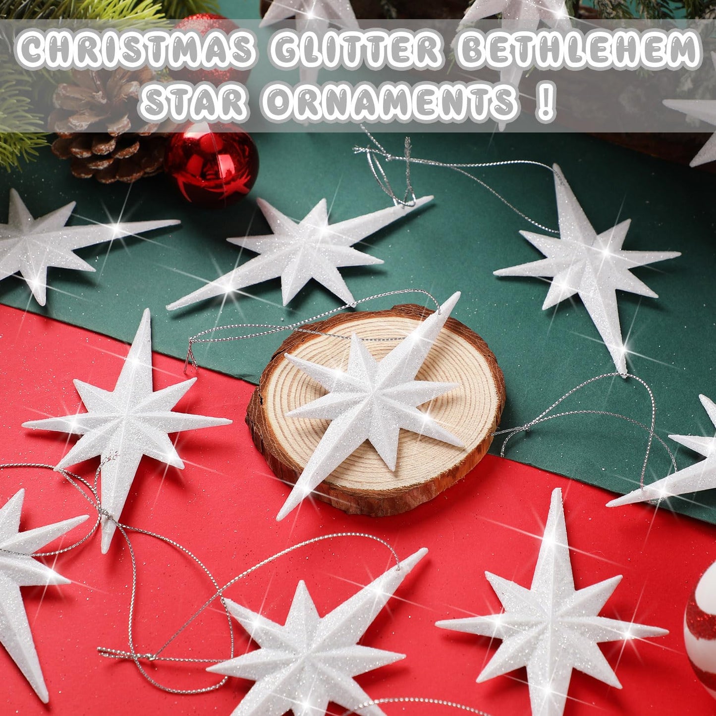 Quzzil 12 Pcs Christmas Bethlehem Star White Ornament 4.72 x 2.95 Inch Star of Bethlehem Christmas Tree Topper Glitter Ornament Plastic Nativity Stars Hanging Decor Accessories