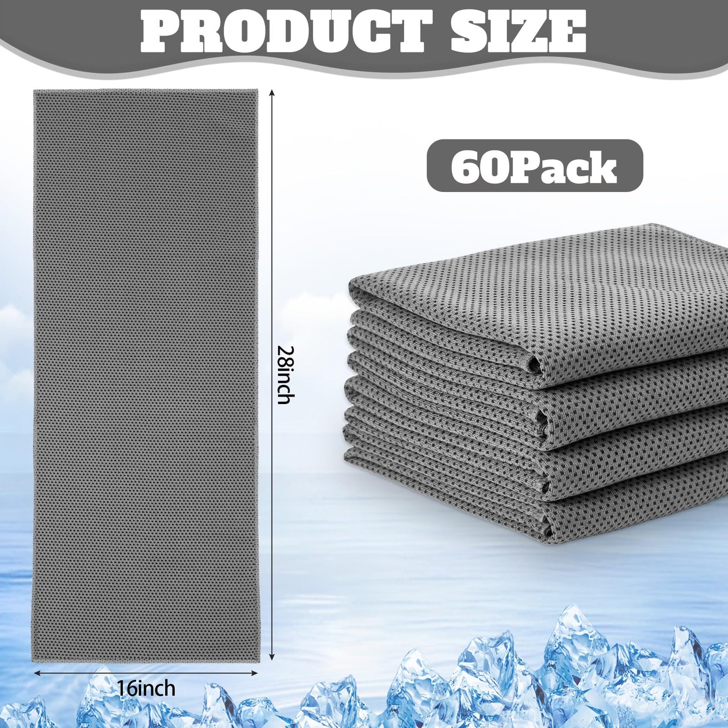 Honoson 60 Pcs Cooling Towel Bulk - 28" x 16" Neck & Face Cool Chilly Towels Microfiber Breathable Sport Sweat Rag for Gym, Yoga, Travel, Camping, Running, Outdoor(Dark Gray)