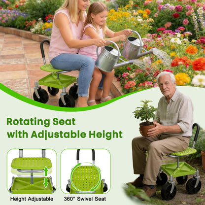 Outdoor Garden Stool with 360° Swivel Caster Wheels, Rolling Garden Cart with 360° Swivel Seat, Height Adjustment, Back Tool Pouch & Under-Seat Tray, Gardening Gifts for Women, Parents, Seniors