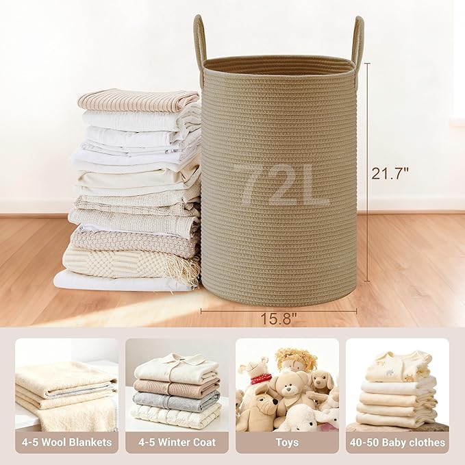 Tall Laundry Basket with Handles, 72L Portable Dirty Clothes Hamper, Boho