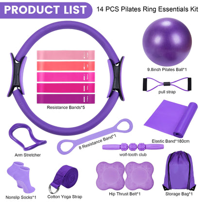 14" Pilates Ring Circle Fitness Set of 17 Equipment Accessories Workouts Includes Pilates Ball Magic Circle Yoga Ring Knee Pads and Resistance Bands for Women Set Gift for Women Weight Loss (Purple)