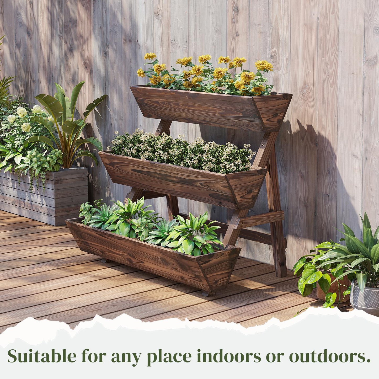 PULIJIAJU 3-Tier Wooden Vertical Raised Garden Bed with Legs, Tiered Planter Box, Vertical Garden Planter,Wood Plant Stand Wood Flower Rack for Patio, Balcony, Freestanding. (Carbonized-Large)
